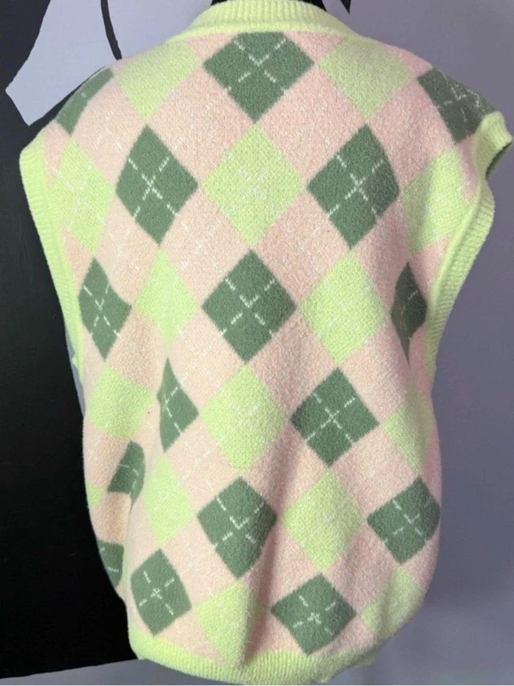 Zara Pastel Argyle Sweater Vest | Preppy V-Neck Knit Soft Girl Y2K - Picture 4 of 5